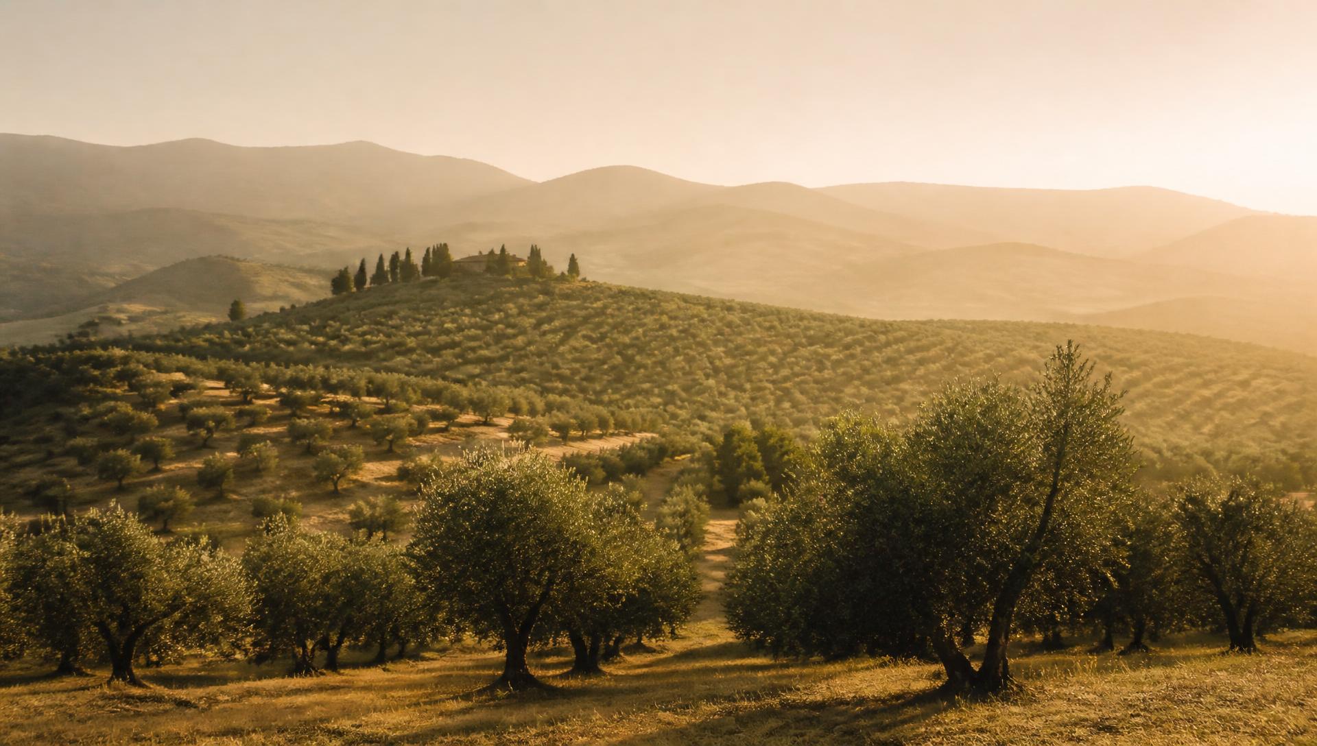 Paisaje de olivares al atardecer con luz dorada